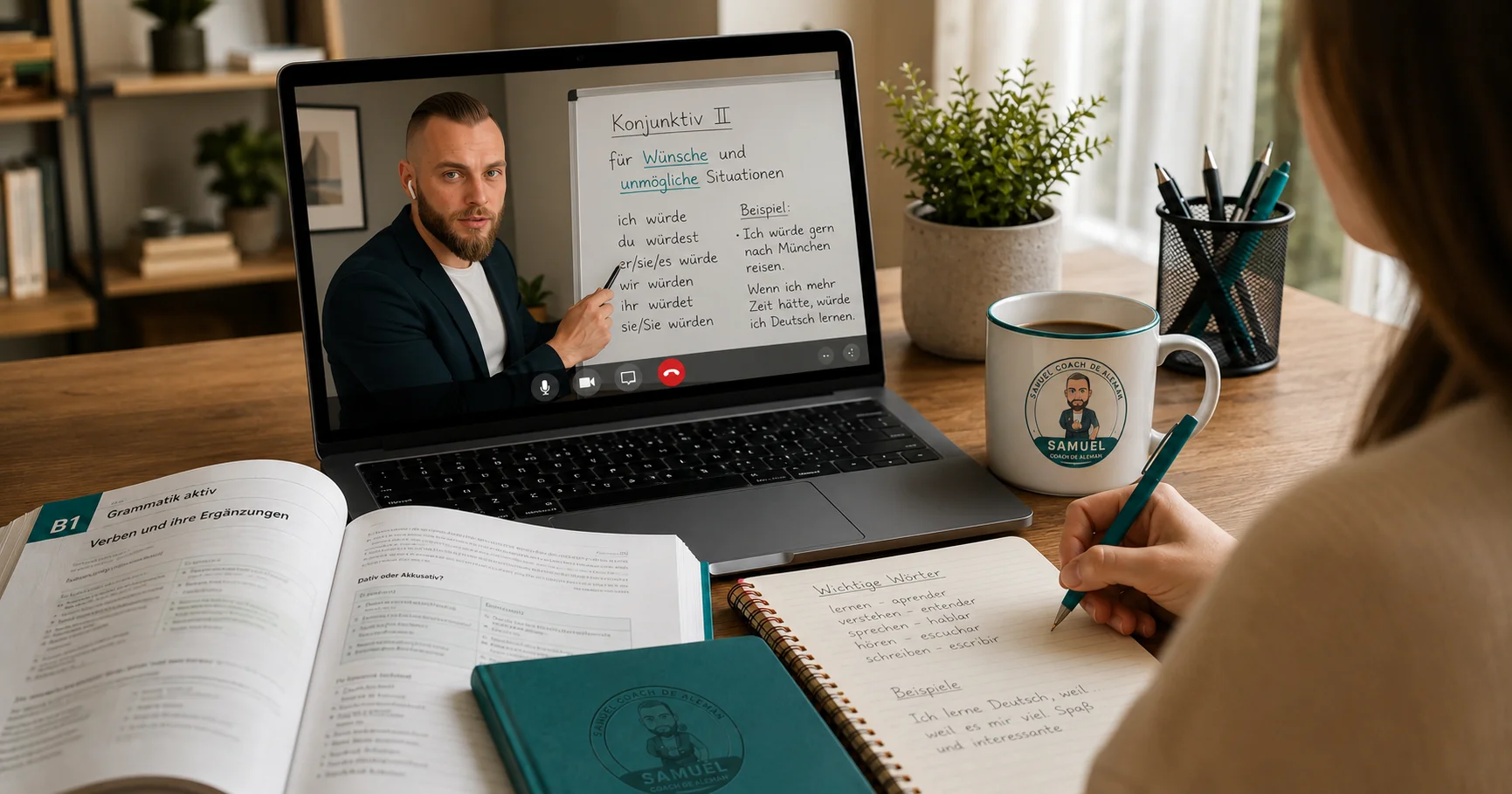 Ilustración de clases de alemán online con ordenador, checklist, recursos y preparación de exámenes.